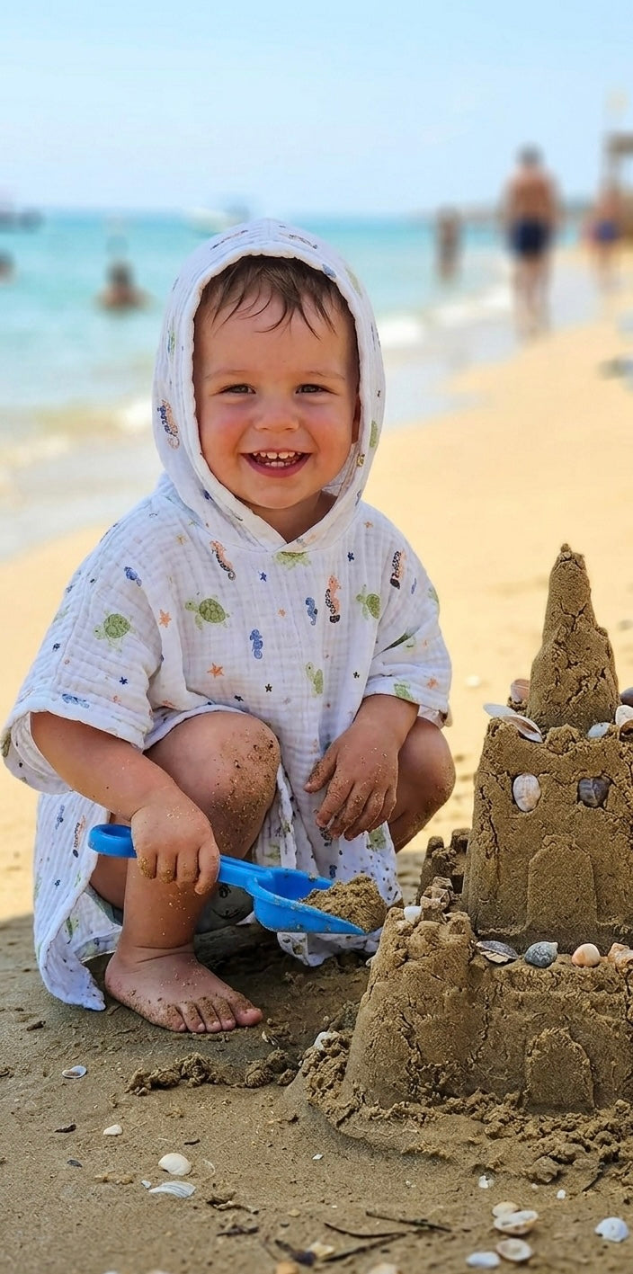 Premium 4-Layer Muslin Kids Poncho - Digital Turtle Print - 55x60cm