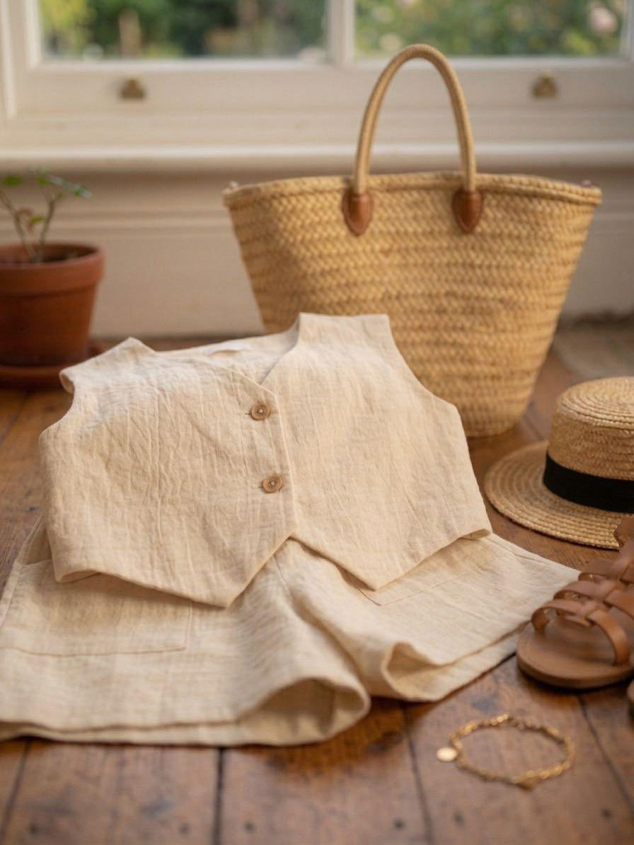 Premium Muslin Cotton Set: Handmade Vest & Elastic Waist Shorts