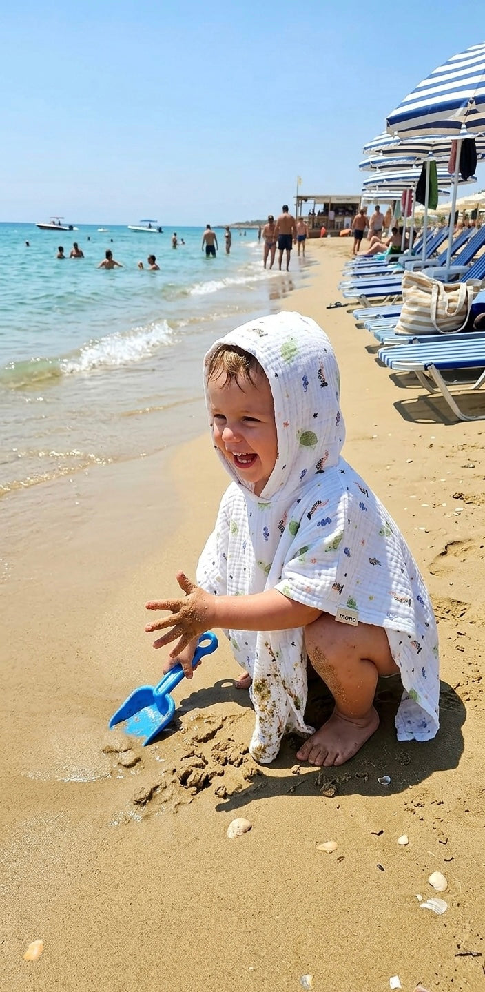 Premium 4-Layer Muslin Kids Poncho - Digital Turtle Print - 55x60cm