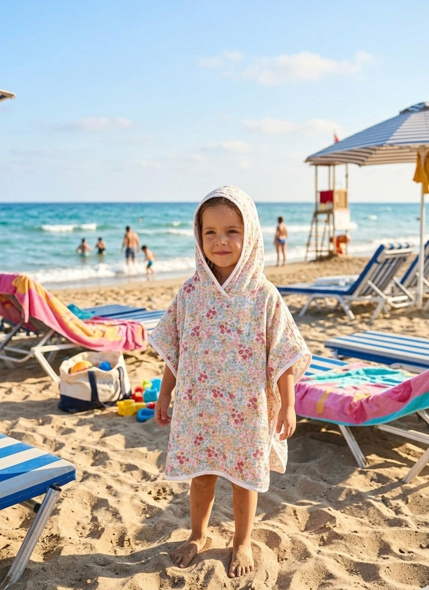Floral Digital Print 4-Layer Muslin Poncho for Kids - Soft & Breathable Beach Cover-Up