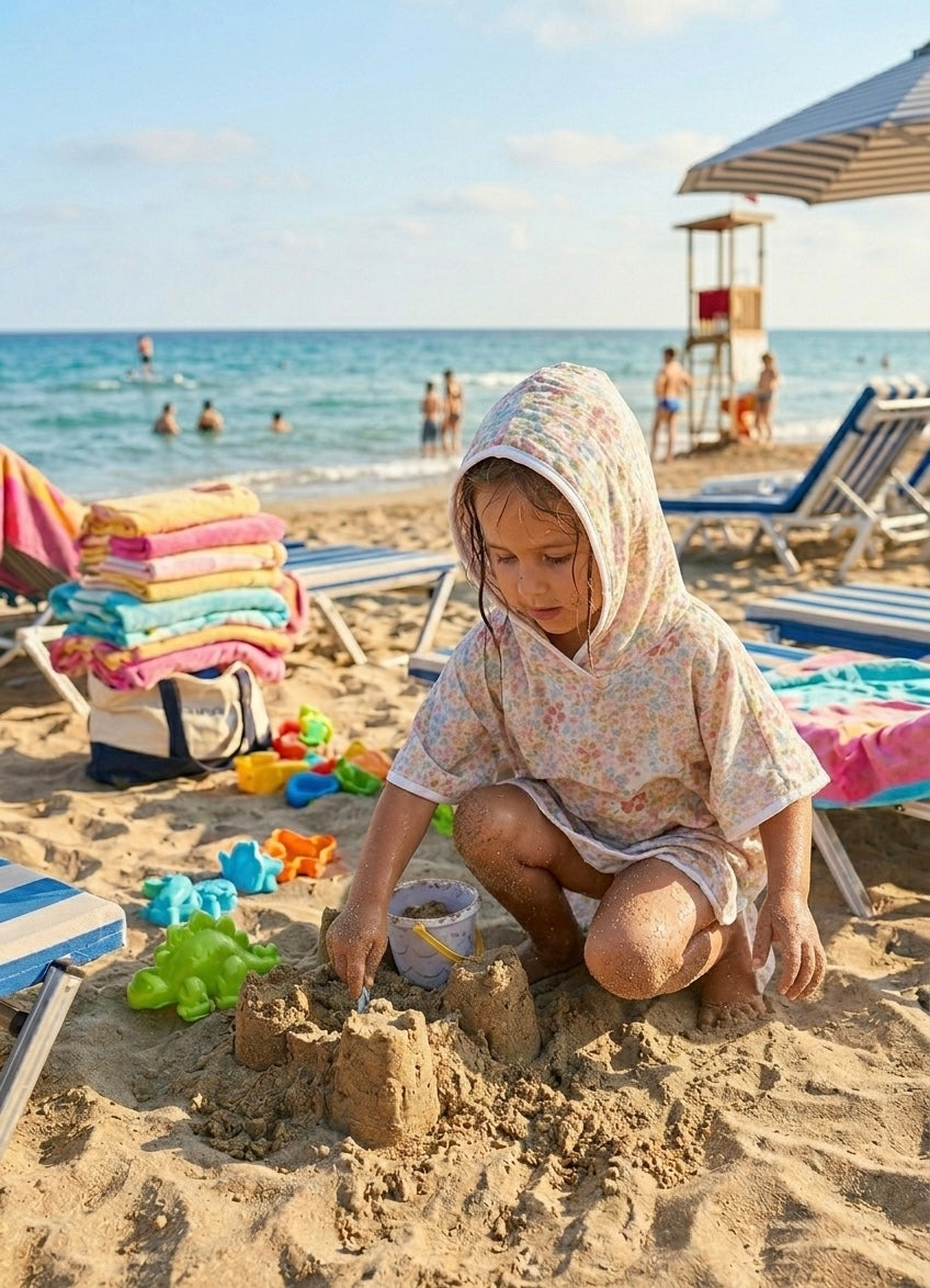 Floral Digital Print 4-Layer Muslin Poncho for Kids - Soft & Breathable Beach Cover-Up