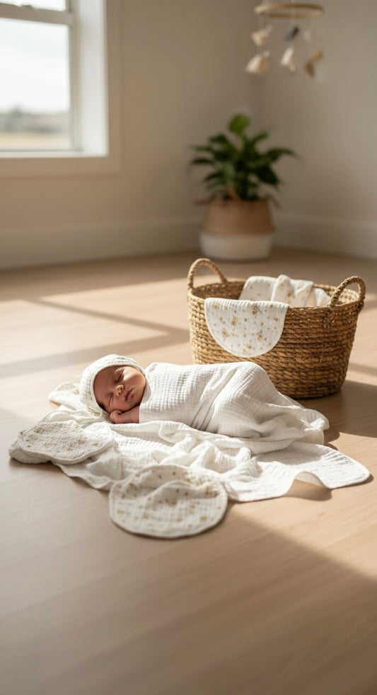 "Organic 4-Layer Muslin Baby Swaddle Set - 100% Cotton Rainbow Print 4-Piece Newborn Gift Bundle"