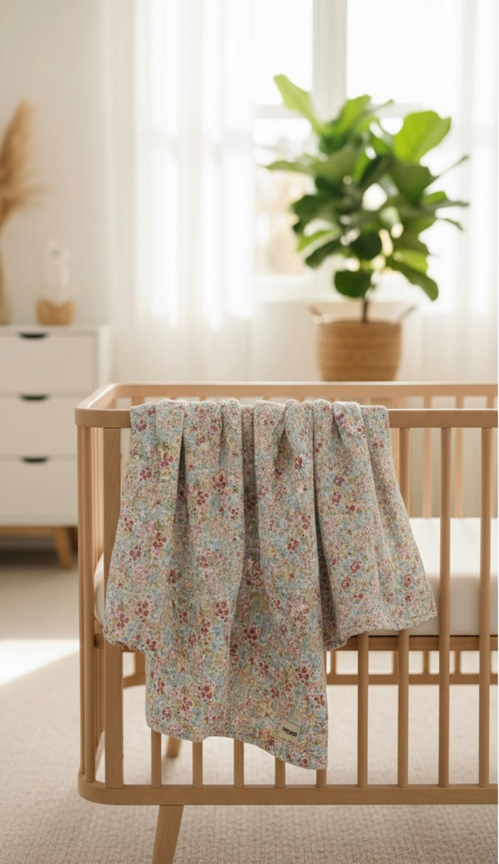Premium 100% Cotton 4-Layer Floral Muslin Baby Blanket – 100x100 cm Breathable Digital Print Swaddle & Stroller Cover
