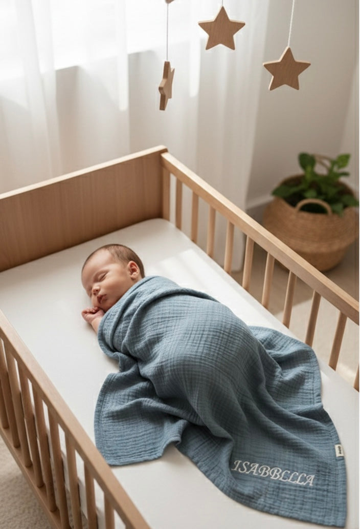 "Personalized Organic 2-Layer Checkered Muslin Baby Blanket - Custom Name Embroidery - 100% Cotton Multi-Purpose Swaddle & Stroller Cover"