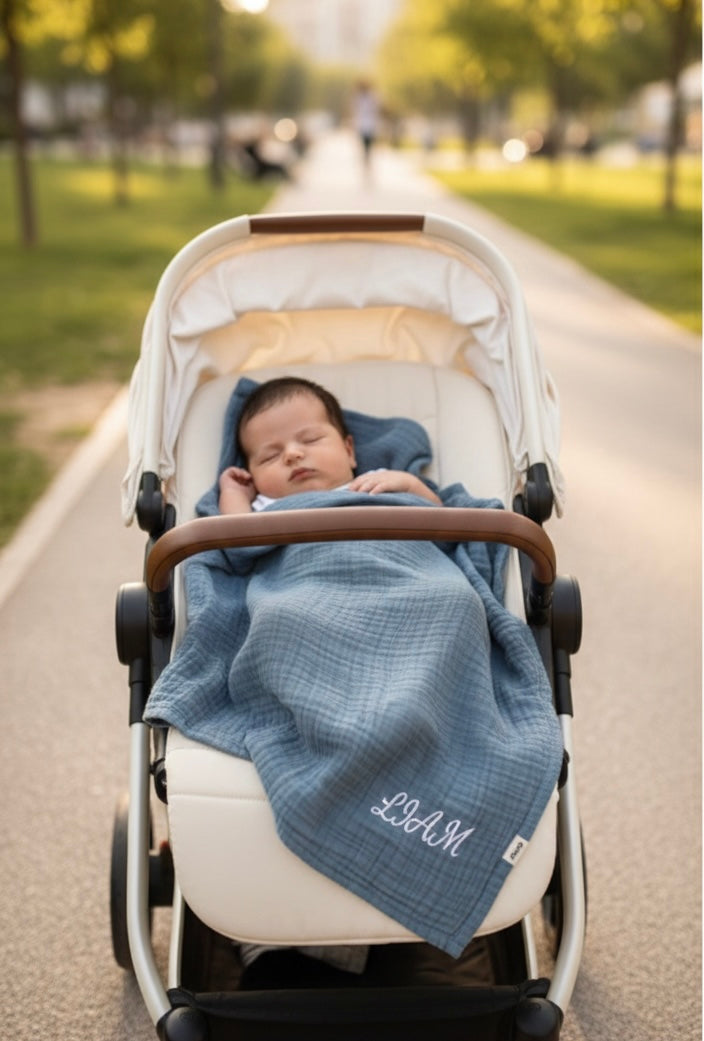 "Personalized Organic 2-Layer Checkered Muslin Baby Blanket - Custom Name Embroidery - 100% Cotton Multi-Purpose Swaddle & Stroller Cover"