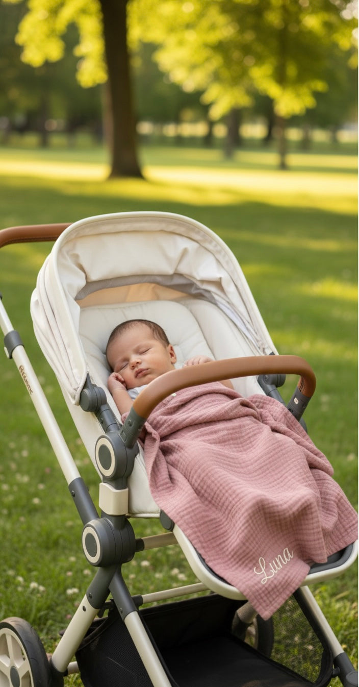 Personalized 100% Organic 2-Layer Checkered Muslin Baby Blanket – Custom Name Embroidery – Multi-Purpose Swaddle & Stroller Cover