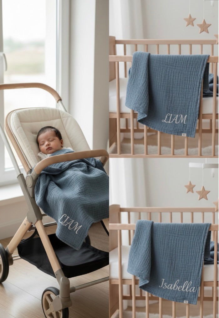 "Personalized Organic 2-Layer Checkered Muslin Baby Blanket - Custom Name Embroidery - 100% Cotton Multi-Purpose Swaddle & Stroller Cover"