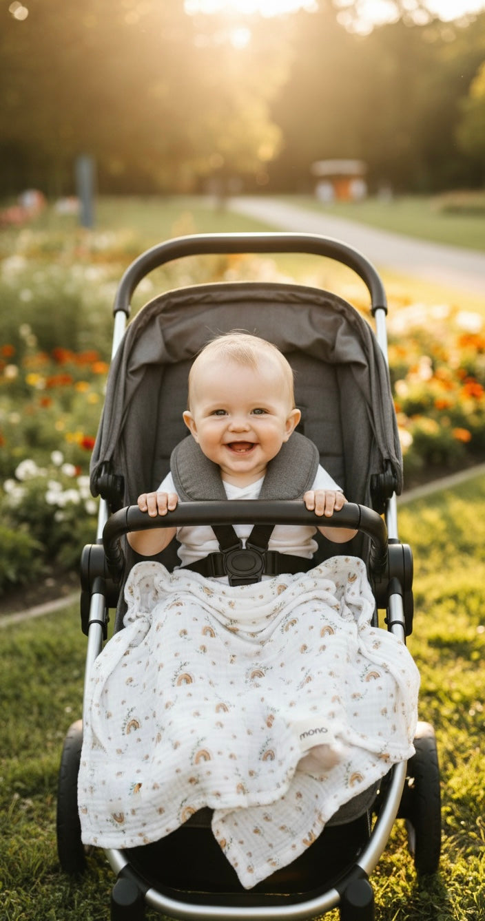 Premium 100% Cotton 4-Layer Muslin Baby Blanket - Rainbow Print Swaddle & Stroller Cover (100x100 cm)