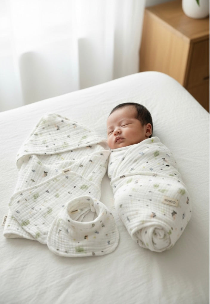 100% Cotton 4-Layer Muslin Swaddle Set for Newborns - 4-Piece Turtle Print Gift Set: Swaddle, Bib, Burp Cloth & Washcloth