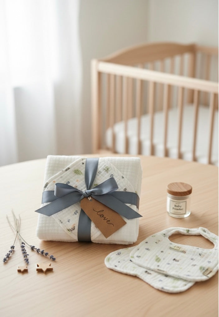 100% Cotton 4-Layer Muslin Swaddle Set for Newborns - 4-Piece Turtle Print Gift Set: Swaddle, Bib, Burp Cloth & Washcloth