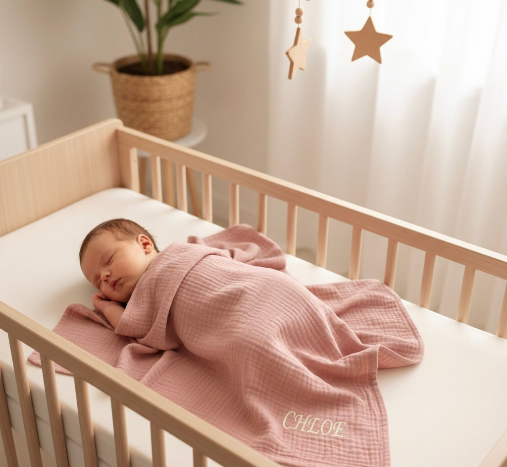 Personalized 100% Organic 2-Layer Checkered Muslin Baby Blanket – Custom Name Embroidery – Multi-Purpose Swaddle & Stroller Cover