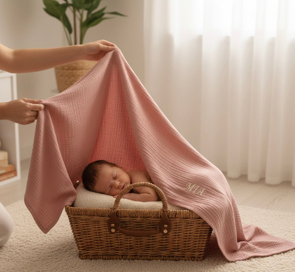 Personalized 100% Organic 2-Layer Checkered Muslin Baby Blanket – Custom Name Embroidery – Multi-Purpose Swaddle & Stroller Cover