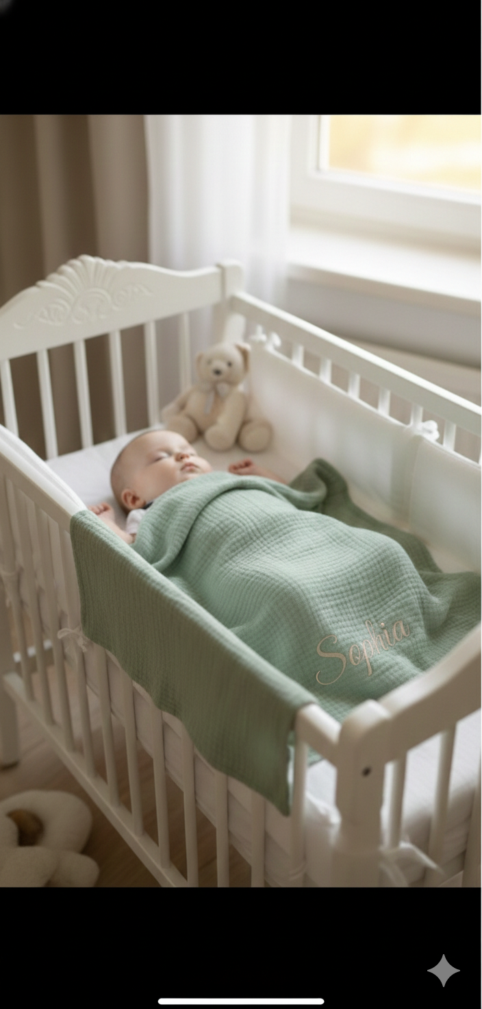 Personalized 100% Organic 2-Layer Checkered Muslin Baby Blanket – Custom Name Embroidery – Multi-Purpose Swaddle & Stroller Cover