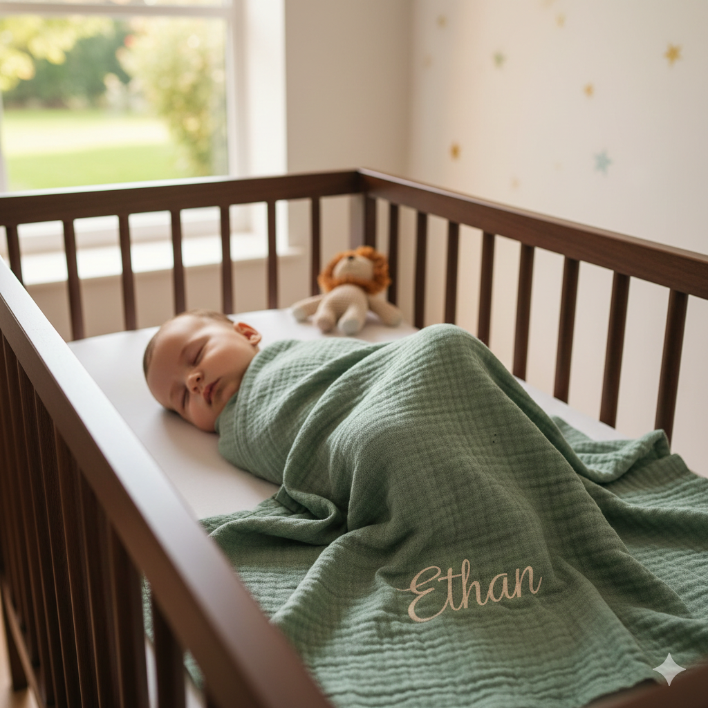 Personalized 100% Organic 2-Layer Checkered Muslin Baby Blanket – Custom Name Embroidery – Multi-Purpose Swaddle & Stroller Cover